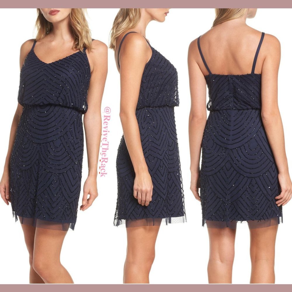 NEW Adrianna Papell Beaded Mesh Blouson Dress in Navy/Black‎ [SZ 12 ]